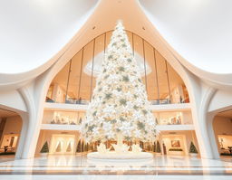 Create a photorealistic photograph of a building inspired by the provided sketch of a white Christmas tree adorned with ribbons