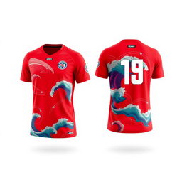 Design a red volleyball jersey featuring a natural wave theme