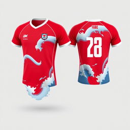 Design a red volleyball jersey featuring a natural wave theme