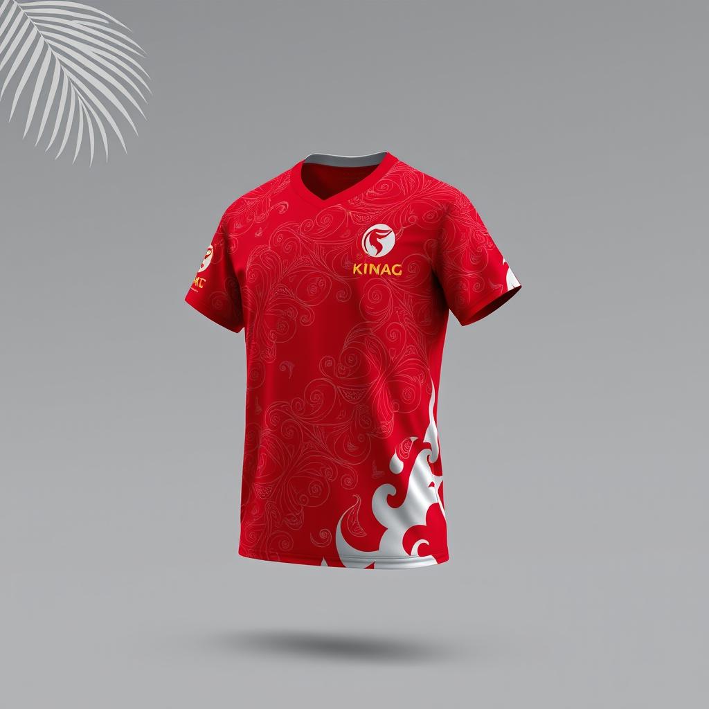 Design a red volleyball jersey featuring a natural Kalimantan batik theme