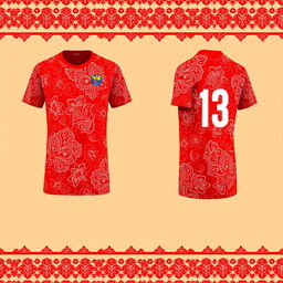 Design a red volleyball jersey featuring a natural Kalimantan batik theme