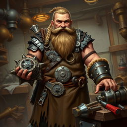 Depict Gearwin Ironspark, a stout and sturdy dwarf guildleader of a tinkerer's guild