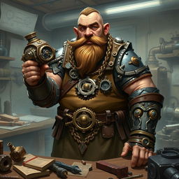 Depict Gearwin Ironspark, a stout and sturdy dwarf guildleader of a tinkerer's guild