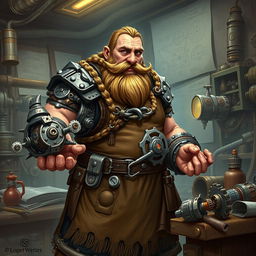 Depict Gearwin Ironspark, a stout and sturdy dwarf guildleader of a tinkerer's guild