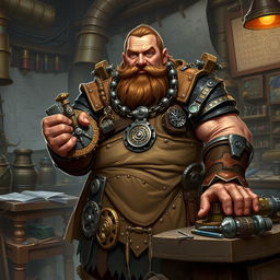 Depict Gearwin Ironspark, a stout and sturdy dwarf guildleader of a tinkerer's guild