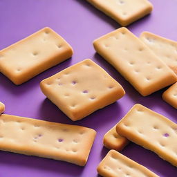 A detailed image of dry, rectangular crackers that resemble bread, with a unique purple color