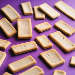 A detailed image of dry, rectangular crackers that resemble bread, with a unique purple color