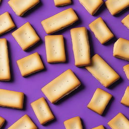 A detailed image of dry, rectangular crackers that resemble bread, with a unique purple color