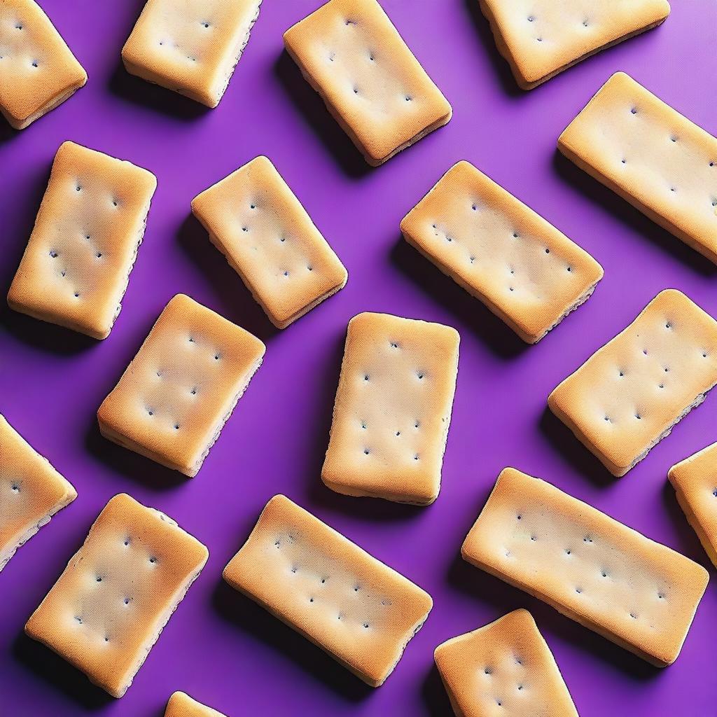 A detailed image of dry, rectangular crackers that resemble bread, with a unique purple color