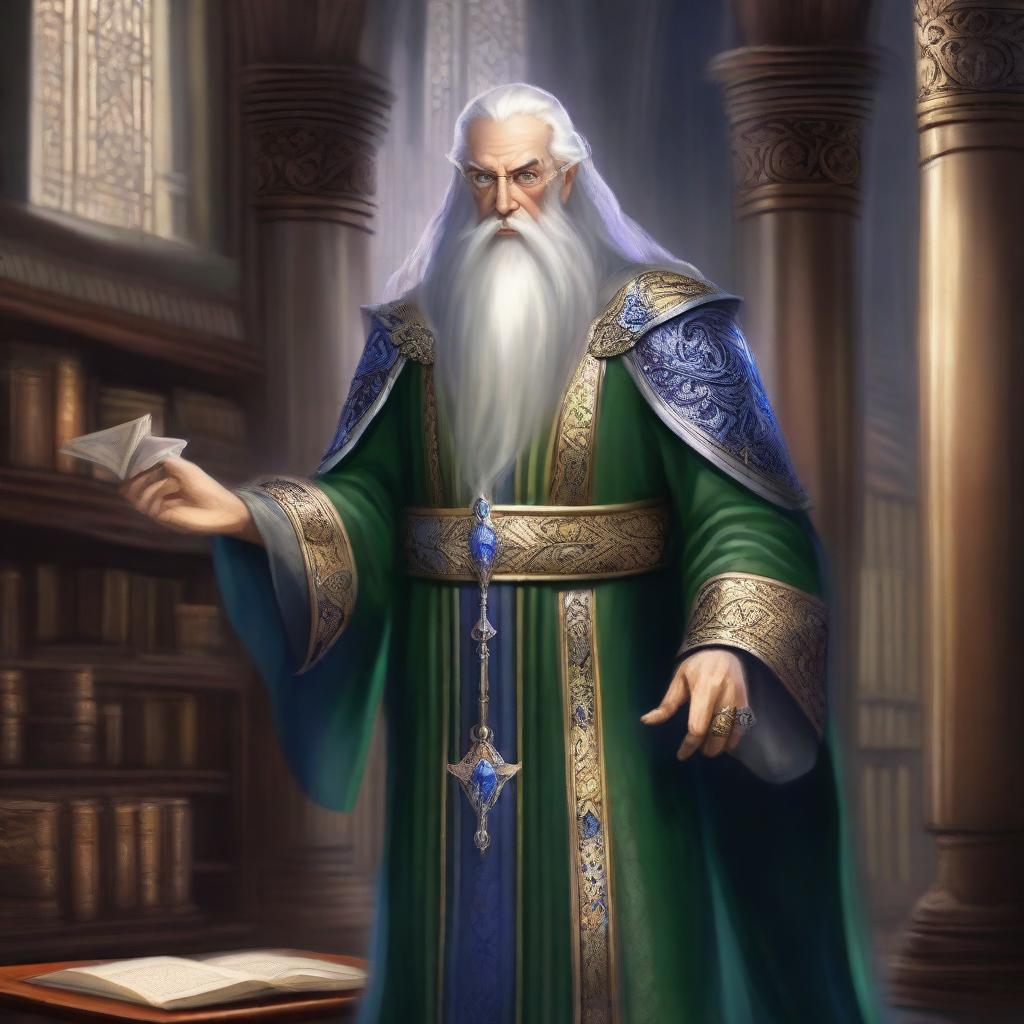 Depict Archmagus Silvanus Everwatch, the High Elf consortium headmaster, in an opulent, ornate robe adorned with intricate silver and sapphire designs