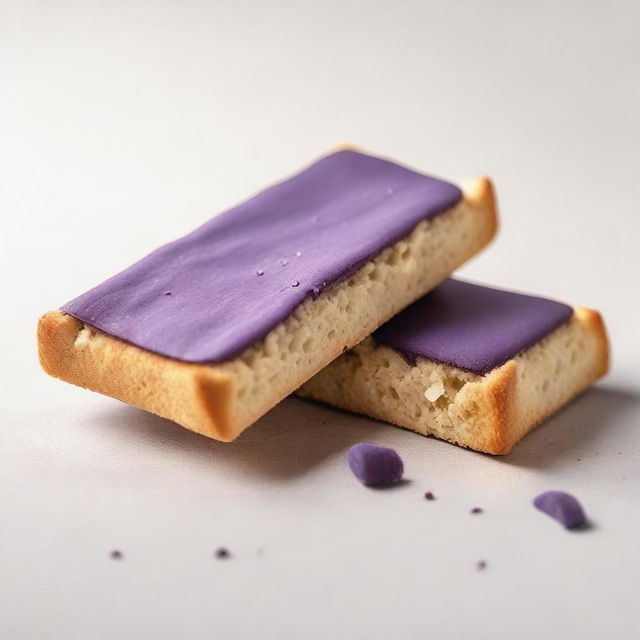 A detailed image of two purple crackers that resemble dry, rectangular bread