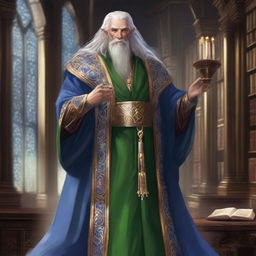 Depict Archmagus Silvanus Everwatch, the High Elf consortium headmaster, in an opulent, ornate robe adorned with intricate silver and sapphire designs