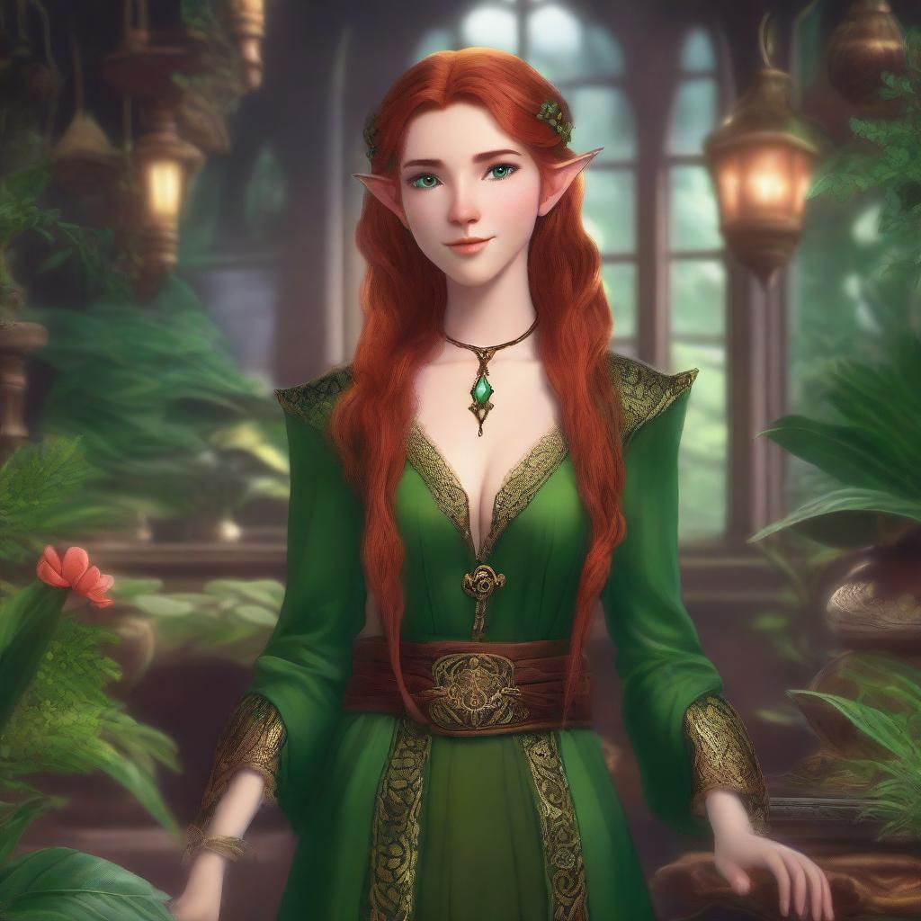 Depict Isabella Greenleaf, a graceful female half-elf with flowing auburn hair and emerald-green eyes