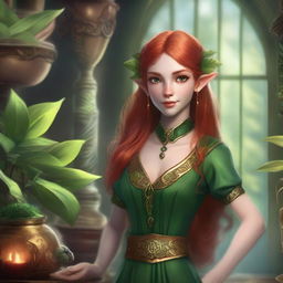 Depict Isabella Greenleaf, a graceful female half-elf with flowing auburn hair and emerald-green eyes