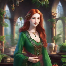 Depict Isabella Greenleaf, a graceful female half-elf with flowing auburn hair and emerald-green eyes