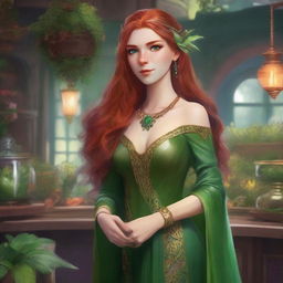 Depict Isabella Greenleaf, a graceful female half-elf with flowing auburn hair and emerald-green eyes