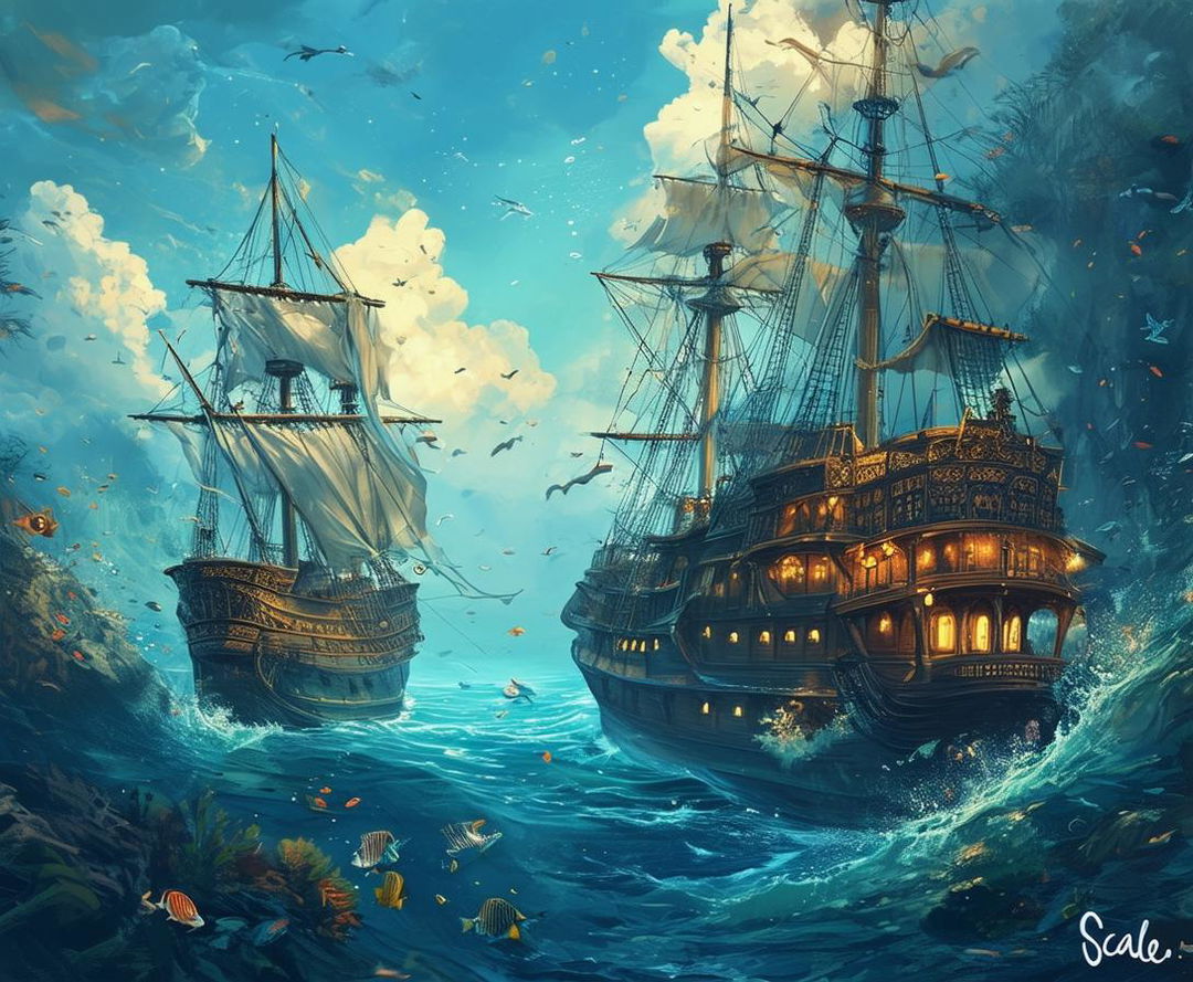 Create a captivating book cover for 'Scales,' featuring elements of the sea, pirate ships, and mystical underwater scenes, highlighting the adventurous journey of two boys discovering their unique identities