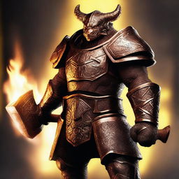 Depict Ignus Scalehammer, a formidable copper dragonborn forgemaster with gleaming copper scales and a strong, muscular build