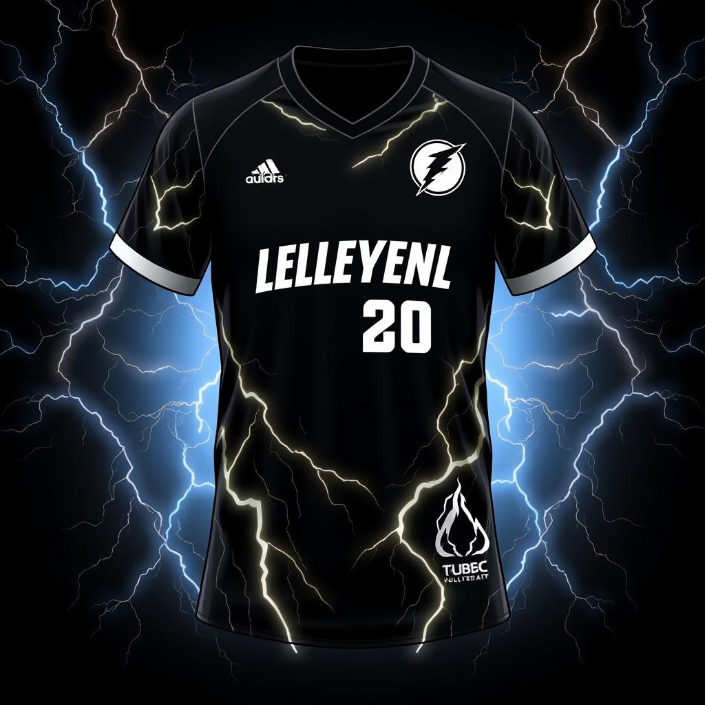 Design a black volleyball jersey featuring a lightning bolt motif