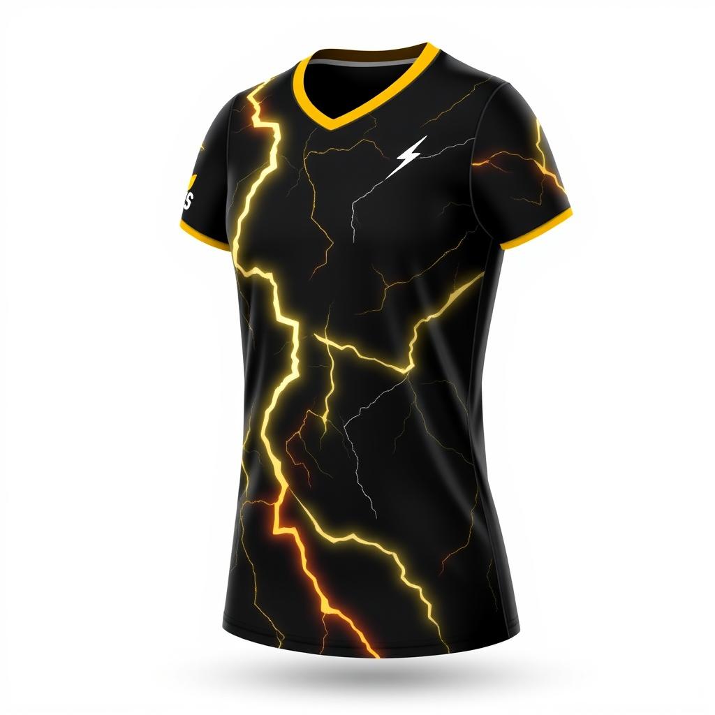 Design a black volleyball jersey featuring a lightning bolt motif