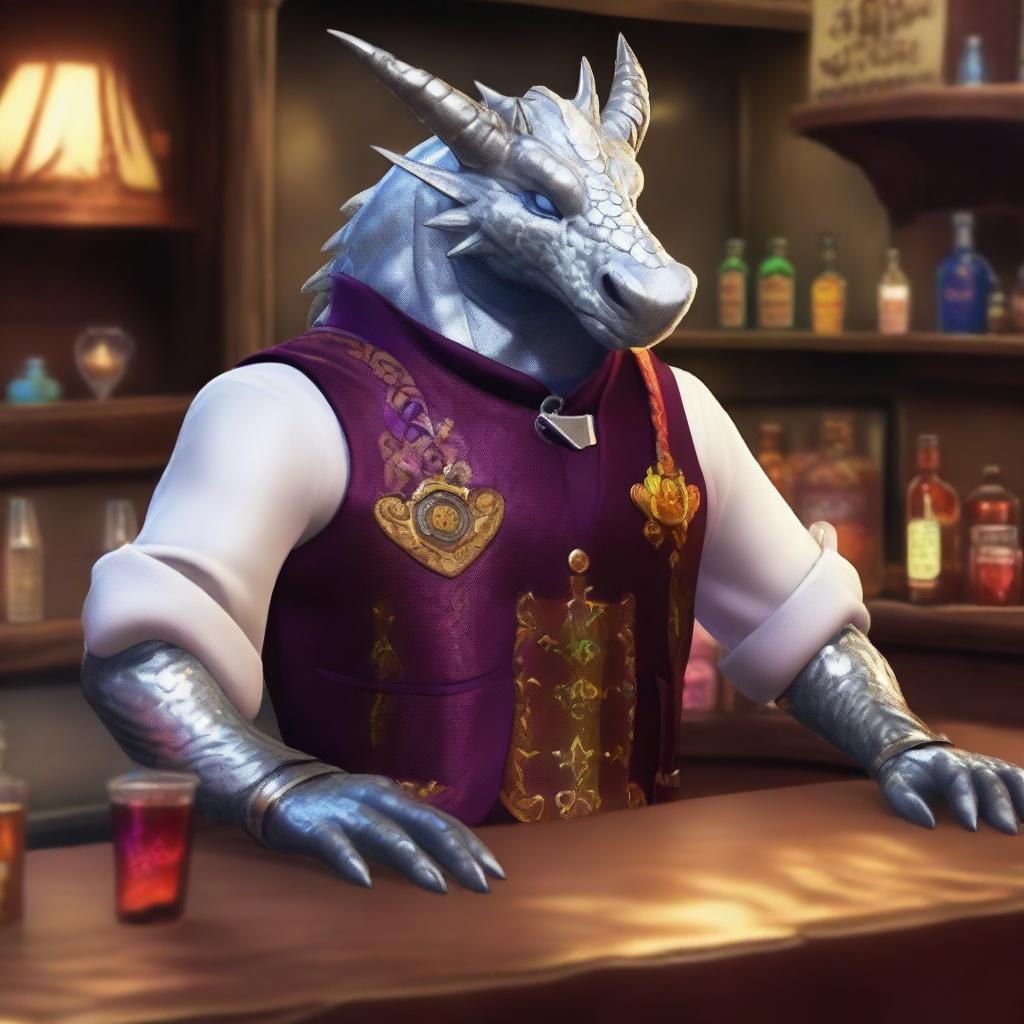 Design a Silver Dragonborn bartender named Emberheart Ignus, with shimmering metallic scales and a warm, welcoming smile