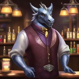 Design a Silver Dragonborn bartender named Emberheart Ignus, with shimmering metallic scales and a warm, welcoming smile