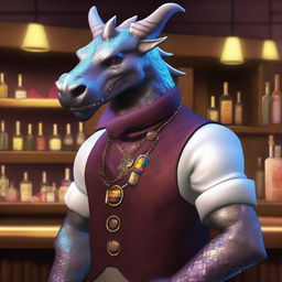 Design a Silver Dragonborn bartender named Emberheart Ignus, with shimmering metallic scales and a warm, welcoming smile