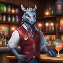 Design a Silver Dragonborn bartender named Emberheart Ignus, with shimmering metallic scales and a warm, welcoming smile