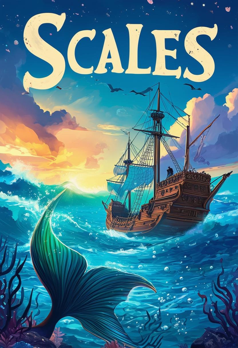 Create a captivating book cover for 'Scales,' featuring a larger title, elements of the sea, pirate ships, and a dazzling mermaid tail in the foreground, highlighting the adventurous journey of two boys discovering their unique identities