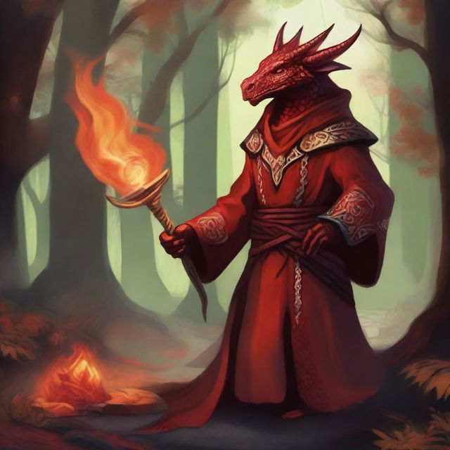 Illustrate Thalgorok Flameheart, a Red Dragonborn healer with vibrant crimson scales and a warm, compassionate expression