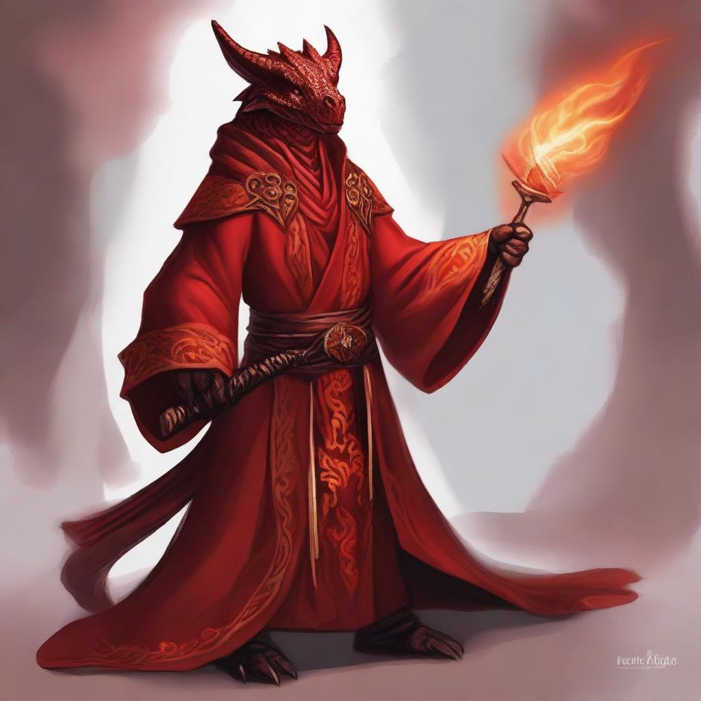 Illustrate Thalgorok Flameheart, a Red Dragonborn healer with vibrant crimson scales and a warm, compassionate expression