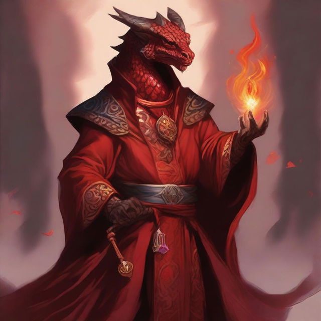 Illustrate Thalgorok Flameheart, a Red Dragonborn healer with vibrant crimson scales and a warm, compassionate expression