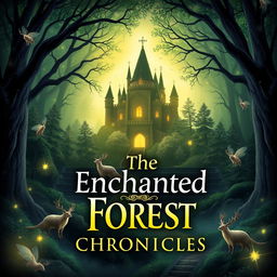 A captivating book cover featuring a mystical forest with a hidden castle in the background