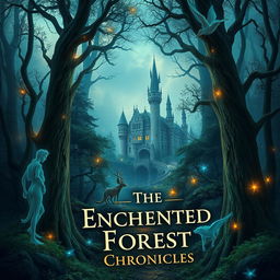 A captivating book cover featuring a mystical forest with a hidden castle in the background