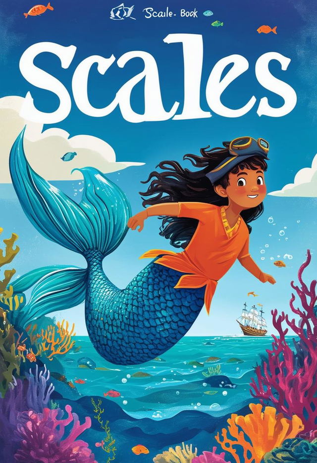 Create a captivating book cover for 'Scales,' featuring a larger title, elements of the sea, pirate ships, and a dazzling mermaid tail in the foreground resembling the mermaid emoji 🧜‍♀️, highlighting the adventurous journey of two boys discovering their unique identities