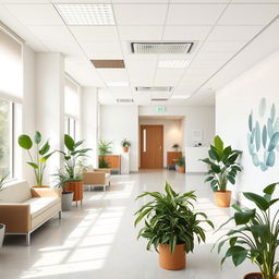 A healthy and healing interior design for a healthcare center, featuring aesthetic elements and antibacterial materials