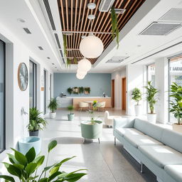 A healthy and healing interior design for a healthcare center, featuring aesthetic elements and antibacterial materials