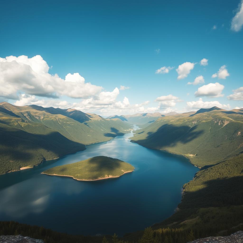 A breathtaking landscape featuring a serene lake surrounded by lush green mountains, with a clear blue sky and fluffy white clouds