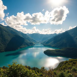 A breathtaking landscape featuring a serene lake surrounded by lush green mountains, with a clear blue sky and fluffy white clouds