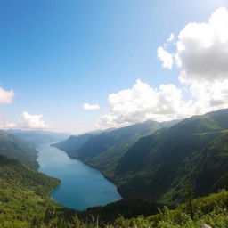 A breathtaking landscape featuring a serene lake surrounded by lush green mountains, with a clear blue sky and fluffy white clouds