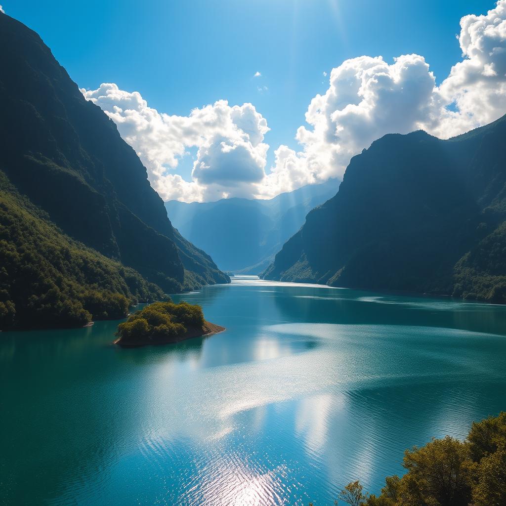 A breathtaking landscape featuring a serene lake surrounded by lush green mountains, with a clear blue sky and fluffy white clouds