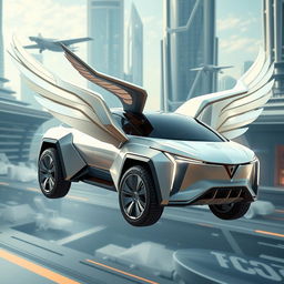 A futuristic flying SUV designed to resemble a Pegasus