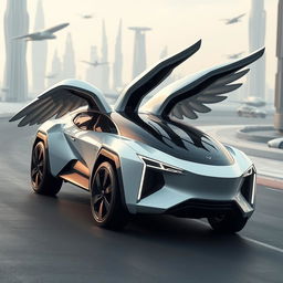 A futuristic flying SUV designed to resemble a Pegasus