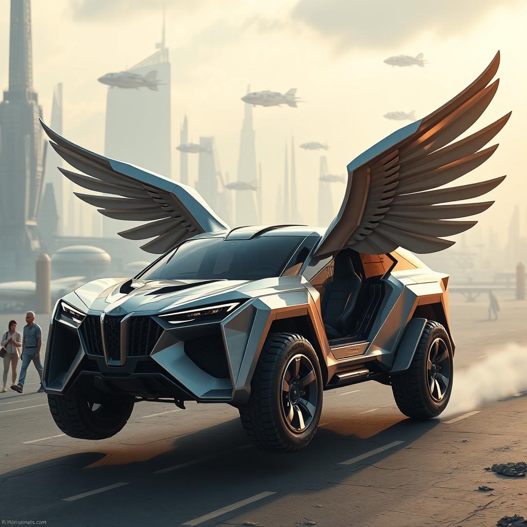 A futuristic flying SUV designed to resemble a griffin