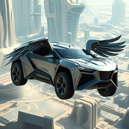 A futuristic flying SUV designed to resemble a griffin