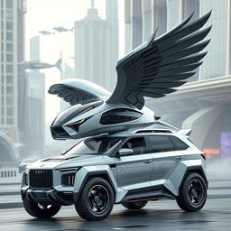 A futuristic flying SUV designed to resemble a griffin