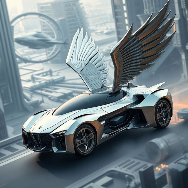 A futuristic flying car designed to resemble a griffin