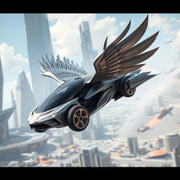 A futuristic flying car designed to resemble a griffin