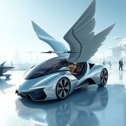 A futuristic flying car designed to resemble a Pegasus, featuring drone wings in the middle of the Pegasus's wings