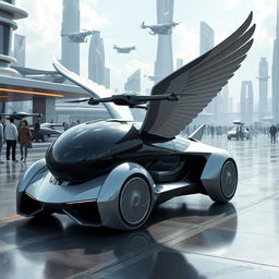 A futuristic flying car designed to resemble a Pegasus, featuring drone wings in the middle of the Pegasus's wings